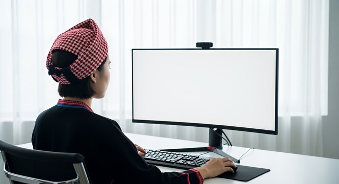 A young woman wearing traditional headwear sits at her desk, focused on her computer screen during a workday from home.