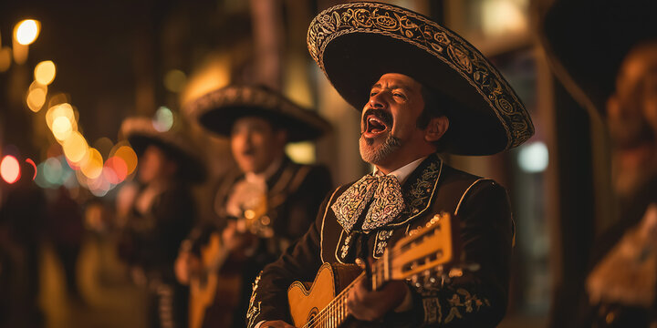 Mariachi band playing and singing at night in mexico city