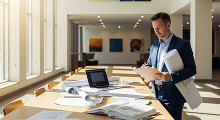 A professional businessman reviews documents and uses a laptop in a modern, sunlit building.