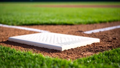 Close-up view of a baseball base on a lush green field, showcasing the details of the base and the surrounding grass.