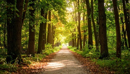 Obraz premium Sunlit Woodland Path Beckoning Towards a Bright Horizon Through Tall Trees