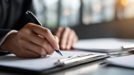Fototapeta premium Businesswoman signing contract and working with documents on clipboard at office desk