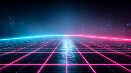 Neon grid floor in a futuristic cityscape with glowing horizon
