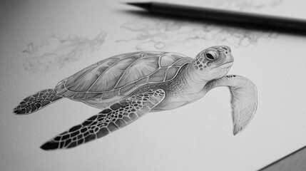 Artist drawing realistic sea turtle on white paper with pencil
