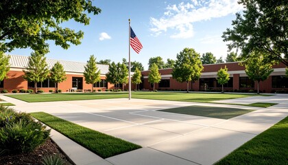 Fototapeta premium A well-maintained school building with an American flag waving in the breeze, surrounded by trees.