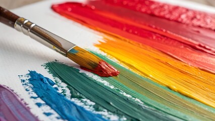 Fototapeta premium A close-up shows a brush loaded with red paint resting on a surface of vibrant rainbow color strokes, creating a visually appealing and artistic