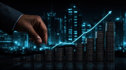 Hand stacking coins with a glowing upward arrow symbolizing financial growth and investment success in a futuristic cityscape background.