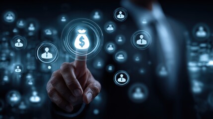 A person in a suit touches a digital icon of a money bag among networked user icons, symbolizing financial technology and digital business connections.