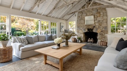 Sunlit living room with stone fireplace, exposed beams, and comfy sofas.  Large windows offer garden views