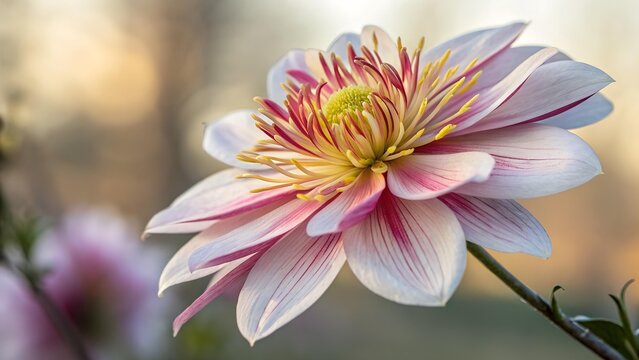 A close-up reveals a dahlia flower with white and pink striped petals surrounding a vibrant yellow core with red and yellow accents, all set against a soft, blurred