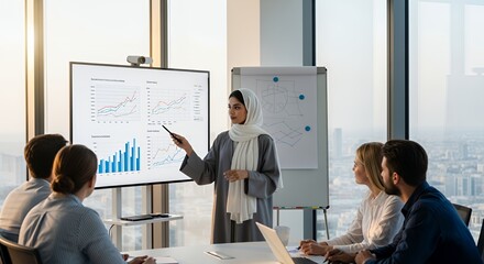 A businesswoman in a hijab confidently presents financial data and growth charts to a diverse team during a modern meeting.