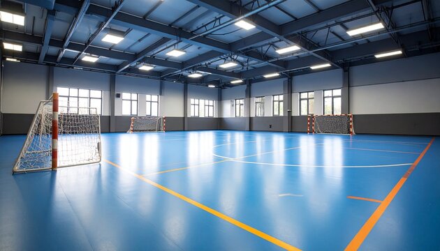 Modern indoor sports hall with bright blue floor, goals, and lines marking a playing area.
