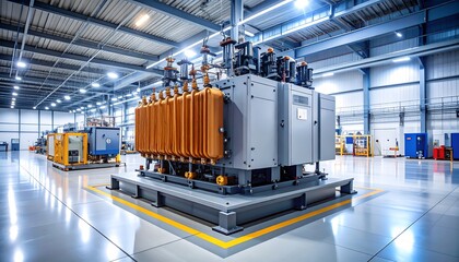 Large industrial transformer inside a modern manufacturing facility with high ceilings