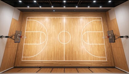 Indoor basketball court viewed from above, showcasing polished wooden floor, markings, and hoops.