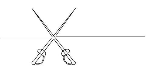 Continuous one line drawing of sword vector illustration, Sword icon line continuous drawing vector. Hand holding sword continuous line art drawing. One line Sword icon vector background.