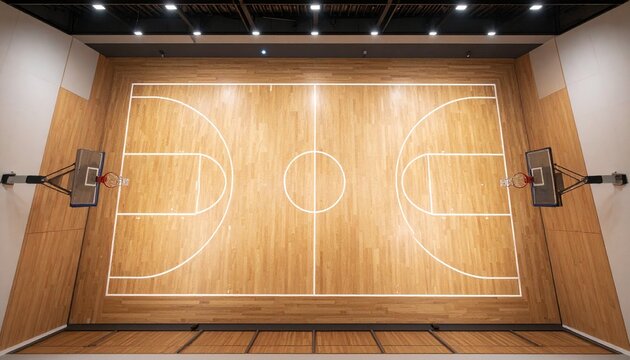 Indoor basketball court viewed from above, showcasing polished wooden floor, markings, and hoops.