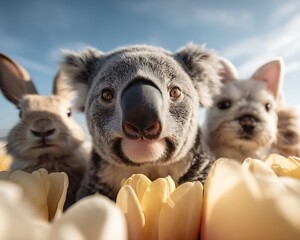 Three adorable animals?a koala, rabbit, and dog?peeking from behind yellow tulips