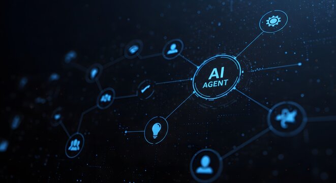 AI Agent Network: A futuristic digital network showcasing artificial intelligence agent at the center, connected to various technological nodes.