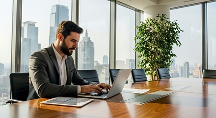 A businessman works diligently on his laptop in a modern, high-rise overlooking a cityscape.