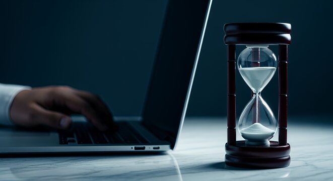 A businessman works late on his laptop, a hourglass sits nearby symbolizing the pressure of deadlines and time constraints.