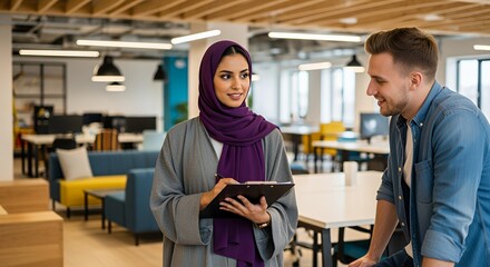 A woman in a hijab and a man in a denim shirt discuss work in a modern setting.
