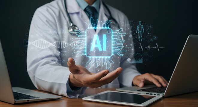 AI in Healthcare: A doctor, adorned in a pristine coat and stethoscope, interfaces with artificial intelligence, showcasing a symbiosis of medical expertise and technological advancement.
