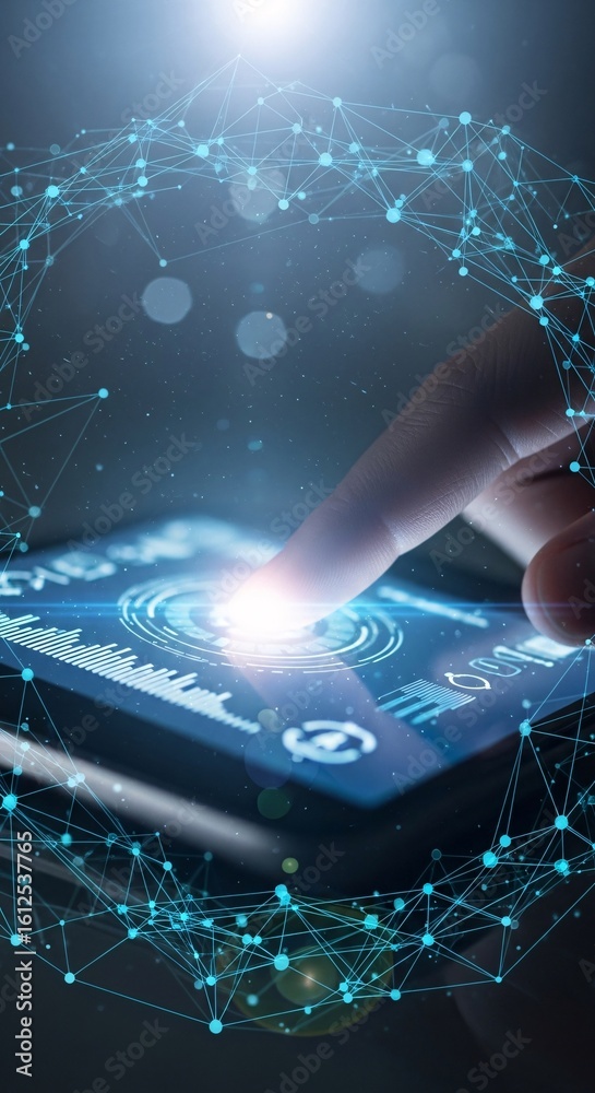 Poster a finger touching a glowing screen with digital interface surrounded by a connected network of lines