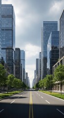 Obraz premium A Modern City Street Lined With Tall Glass Buildings and Green Trees Under a Cloudy Sky