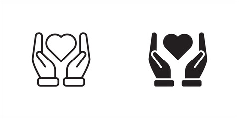 Obraz premium Heart in hand icons set. Hands holding heart icon. Love icon. Health, medicine symbol. Healthcare hands holding heart flat and line style, vector illustration