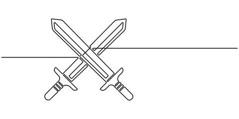 Continuous one line drawing of sword vector illustration, Sword icon line continuous drawing vector. Hand holding sword continuous line art drawing. One line Sword icon vector background.