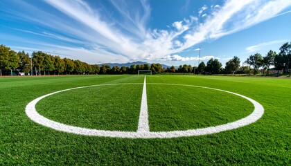 Obraz premium A pristine, green soccer field stretches under a vibrant blue sky, marked by a center circle and a central line, ready for a game.