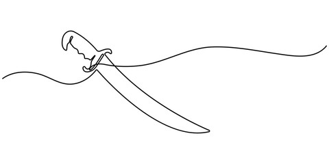 Continuous one line drawing of sword vector illustration, Sword icon line continuous drawing vector. Hand holding sword continuous line art drawing. One line Sword icon vector background.