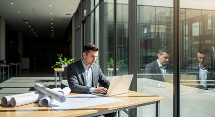 A focused architect reviews blueprints on his laptop while working in a modern, sunlit .