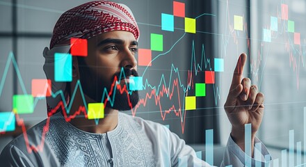 A businessman in traditional Middle Eastern attire analyzes financial data projected onto a glass , using his finger to interact with the charts and graphs.