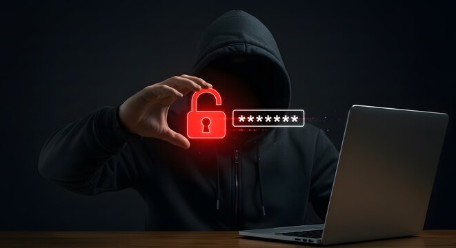 Cyber Security Intruder: A hooded figure symbolizes the dangers of cybercrime, holding a digital padlock, alongside a laptop with a password.