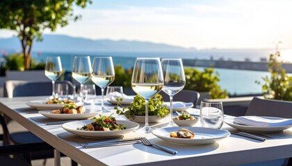 Fototapeta premium Outdoor dining setting with fine china, glassware, and food, overlooking a lake and mountains.