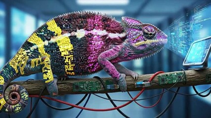 Chameleon Displays Digital Data on Colorful Skin Near Computer Screen