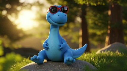 A cheerful blue cartoon dinosaur wearing red sunglasses sits on a rock in a sunlit forest - Powered by Adobe