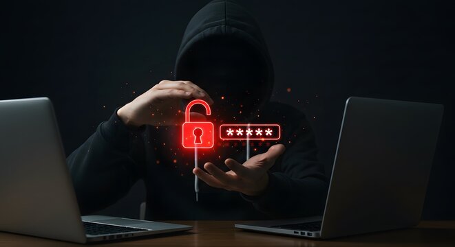 Cybersecurity Breach: An anonymous figure in a dark hooded attire, working at a desk with two laptops, seemingly breaching security, displaying a digital lock with an exposed password.