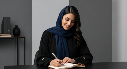 A woman in a hijab thoughtfully writes in a notebook, showcasing elegance and focus in a modern setting.