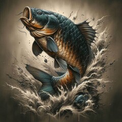Dynamic illustration of a jumping carp fish surrounded by splashes, perfect for fishing-themed t-shirt prints and merchandise.