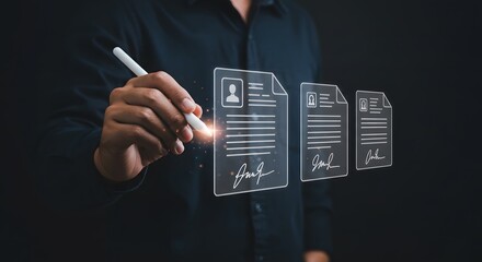 Digital Document Interaction: A person's hand interact with illuminated document icons with the backdrop of a sleek, futuristic workspace