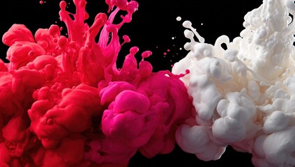 Fototapeta premium Inky Embrace Abstract red and white pigmented clouds burst into black space, creating a dynamic, liquid dance of color and form