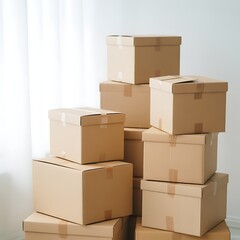 Stack of cardboard moving boxes in a studio setting with soft lighting storage