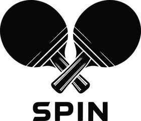 Two crossed table tennis paddles with the word spin