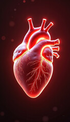 Realistic 3D Glowing Human Heart Anatomy on Red Background