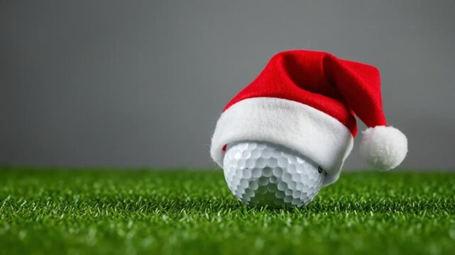 A golf ball wearing a Santa hat sits on a patch of green grass