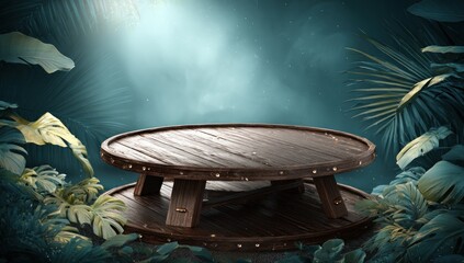 Rustic platform. Wooden round platform amidst dense foliage, illuminated by soft light, evokes natural serenity and showcases texture in a botanical background