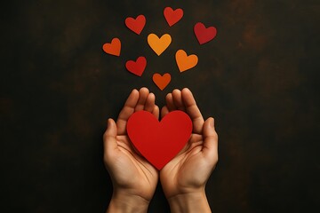 Open hands holding red heart surrounded by smaller hearts orange paper