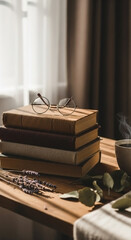 Cozy Reading Moment with Vintage Books and Coffee